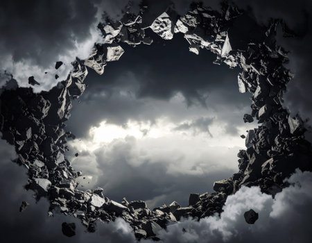 Conceptual image with hole in stone wall as symbol of destructionの素材