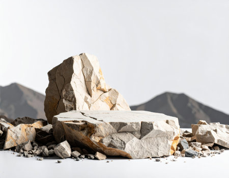 Stone platform for product display with mountains in the background on a white backgroundの素材