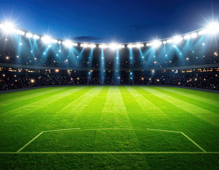 lights at night in soccer stadium with green grass, 3d renderの素材