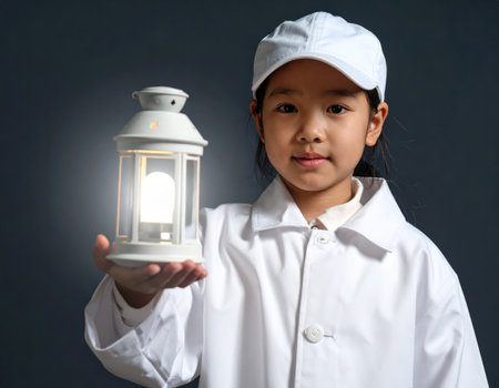 Asian little girl holding a lantern in her hand on a dark backgroundの素材