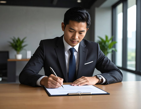 Young Asian businessman signing a contract in office. Business and finance concept.の素材