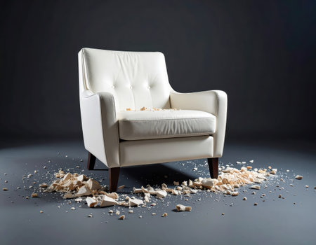 White leather armchair on a gray background with pieces of wood.の素材