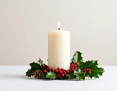 Christmas candle with holly and red berries on white table, copy spaceの素材