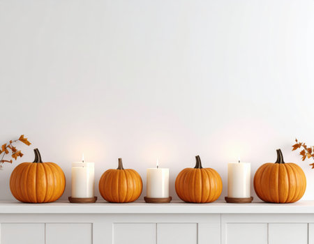 Pumpkins and candles on a white shelf. 3d renderingの素材