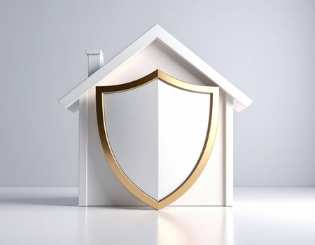 House with shield on white background. 3d render. Protection conceptの素材