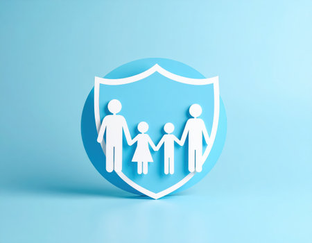 Family insurance concept. Paper cut family protection icon on blue background.の素材