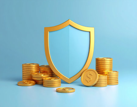 3d rendering of golden shield and stack of coins on blue backgroundの素材