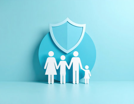 Paper family and shield on blue background. Family protection concept. 3D Renderingの素材