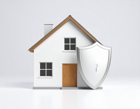 House with a shield in the form of a shield on a white backgroundの素材