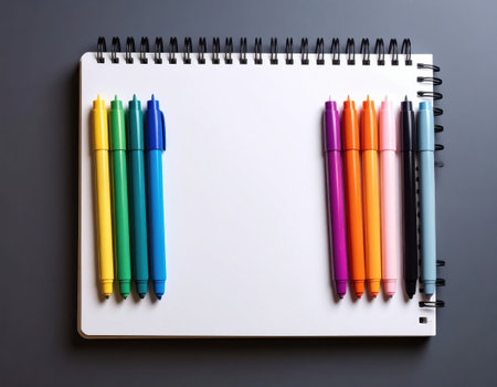 Colorful felt-tip pens and notebook on a dark background.の素材