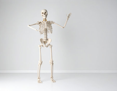 Skeleton in empty room. 3D rendering. Human skeleton.の素材