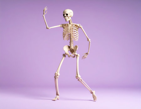 Human skeleton isolated on purple background. Minimal Halloween concept image.の素材
