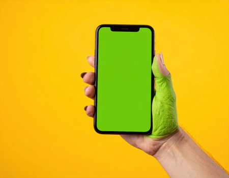 Female hand in a green glove holds a smartphone with a green screen on a yellow backgroundの素材