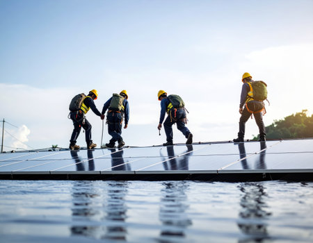 Solar power plant workers installing photovoltaic solar panels on the roofの素材