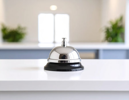 Hotel reception bell on white table in hotel room. Service conceptの素材