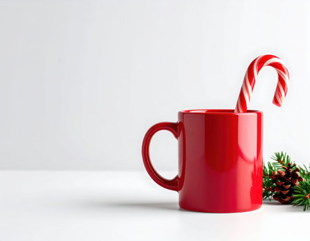 Christmas mug with candy canes and pine branch on a white backgroundの素材