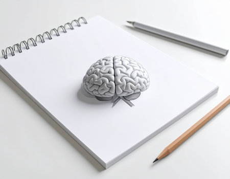 Human brain with pencil and notebook on white background, 3D renderingの素材