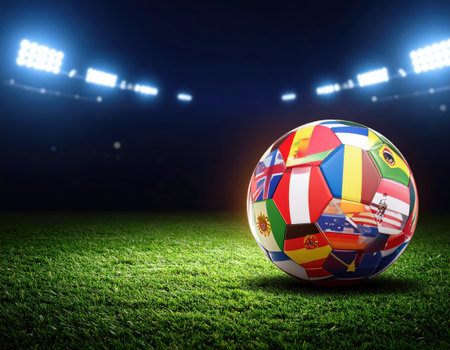Soccer ball with flags of countries on the field. 3D renderingの素材