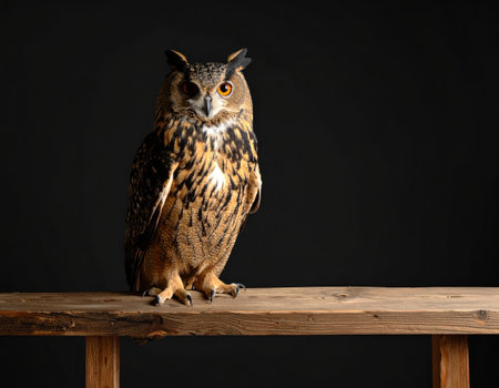 Beautiful owl sitting on a wooden shelf on a black background.の素材