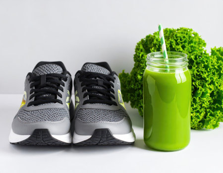 Healthy lifestyle concept. Sport shoes, green smoothie and fresh salad on white background.の素材