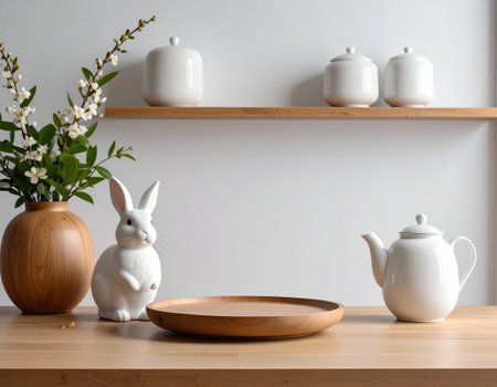 Wooden shelf with white porcelain dishes and ceramic rabbit on itの素材
