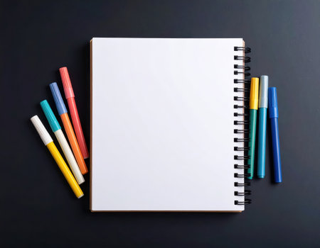 Notebook with colored markers on black background. View from above.の素材