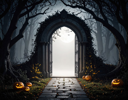 Halloween background with castle gate and pumpkins, 3d renderの素材