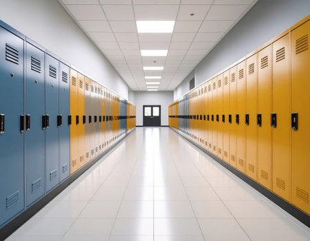 Row of yellow lockers in a school hallway. 3d renderの素材