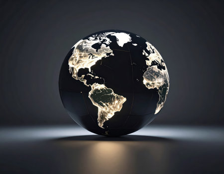 Globe with glowing world map on dark background. 3D renderingの素材