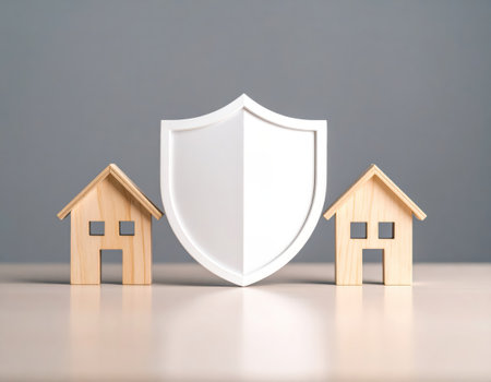 House insurance concept with a shield and a wooden house on a gray backgroundの素材