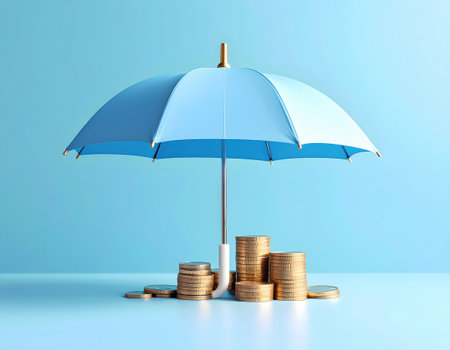 Umbrella and coins on a blue background. 3d renderの素材