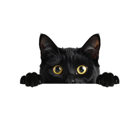 Black cat peeking out from behind a blank banner, isolated on whiteの素材