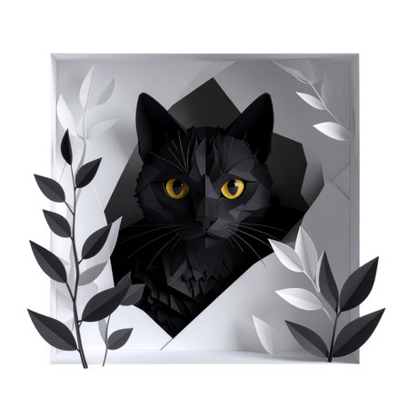 Black cat in a white frame with black leaves isolated on white backgroundの素材