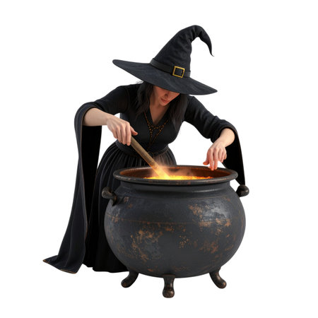 Witch with a magic wand in a cauldron isolated on white backgroundの素材