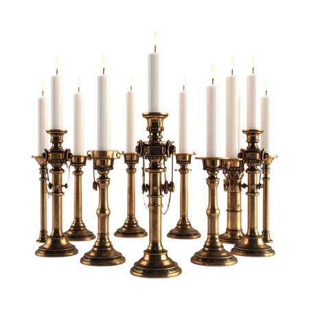 Vintage candelabrum with burning candles isolated on white backgroundの素材