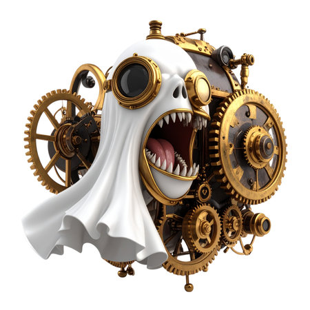 3d illustration of a skull with gears and cogwheels isolated on white backgroundの素材