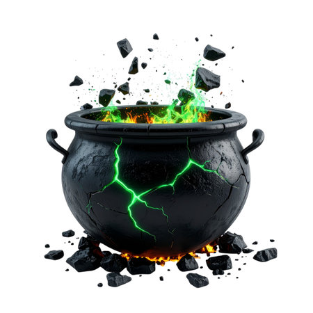 Witch cauldron with green fire and black coal isolated on white backgroundの素材