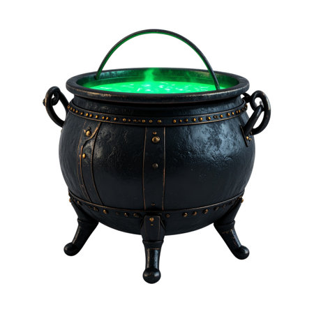 Halloween witch's cauldron with green potion isolated on white backgroundの素材