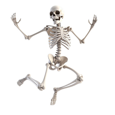 Human skeleton running isolated on white background. 3d render. Halloween conceptの素材