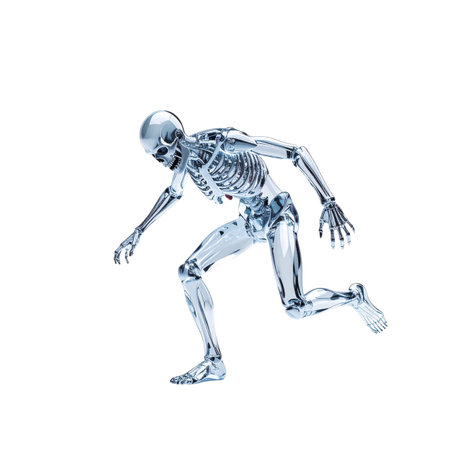 3D render of a silver skeleton running isolated on white background.の素材