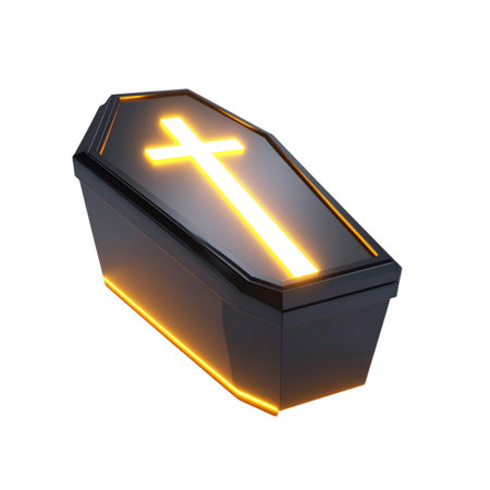 Black coffin with a glowing cross on a white background. 3d renderingの素材