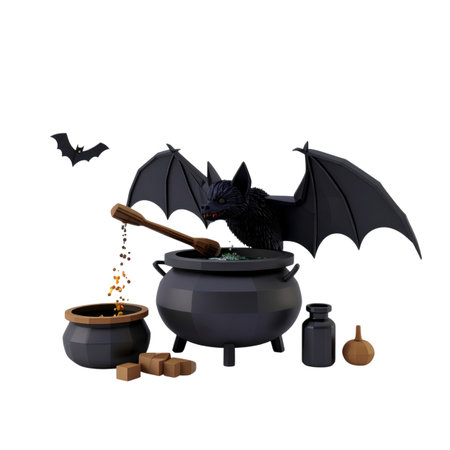Halloween witches cauldron with black cat 3d render on white no shadowの素材
