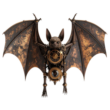 3D rendering of a fantasy vampire bat with gears and cogwheels isolated on white backgroundの素材