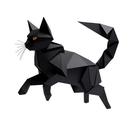Black origami cat isolated on white background. 3d rendering.の素材