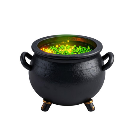 Halloween witch cauldron with green glowing lights isolated on white backgroundの素材
