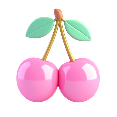 there is a pink cherry with a green leaf on itの素材