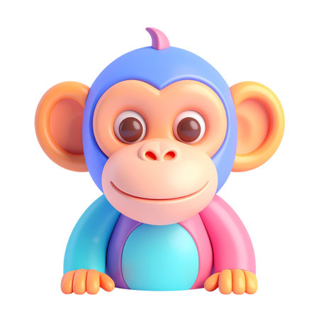 a close up of a toy monkey with a pink and blue outfitの素材