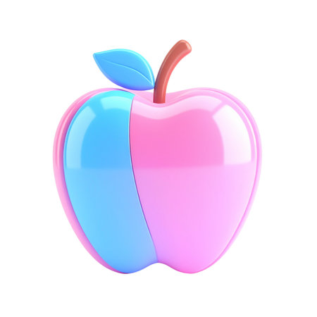 there is a pink and blue apple with a leaf on itの素材