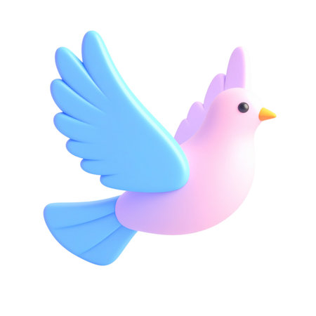 there is a pink bird with blue wings flying in the airの素材