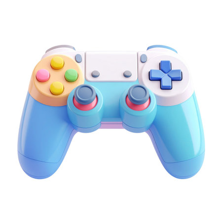 a close up of a blue and white controller with a yellow buttonの素材